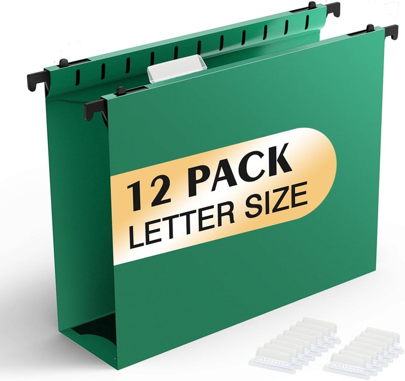 SHUTEX Extra Capacity Plastic Hanging File Folders,12 Pack Reinforced Hang Folder,Heavy Duty 2 Inch Expansion,Plastic Filing Cabinet Folders,Letter Size,Designed for Bulk Files, Medical Charts (Green) - Image 1